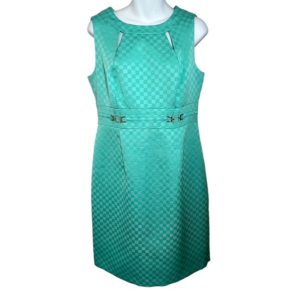Tahari X Arthur S. Levine Aqua Checkered Green Belted Structured Sheath Dress - Picture 1 of 9